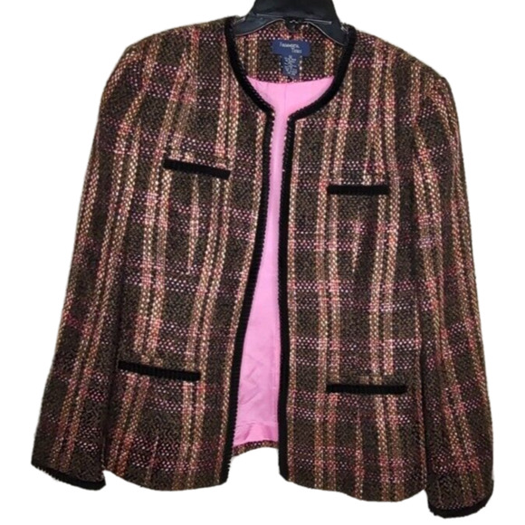 Fundamental Things Brown Pink Plaid Sz 12 Tweed like Jacket Work Church Blazer - Picture 2 of 10